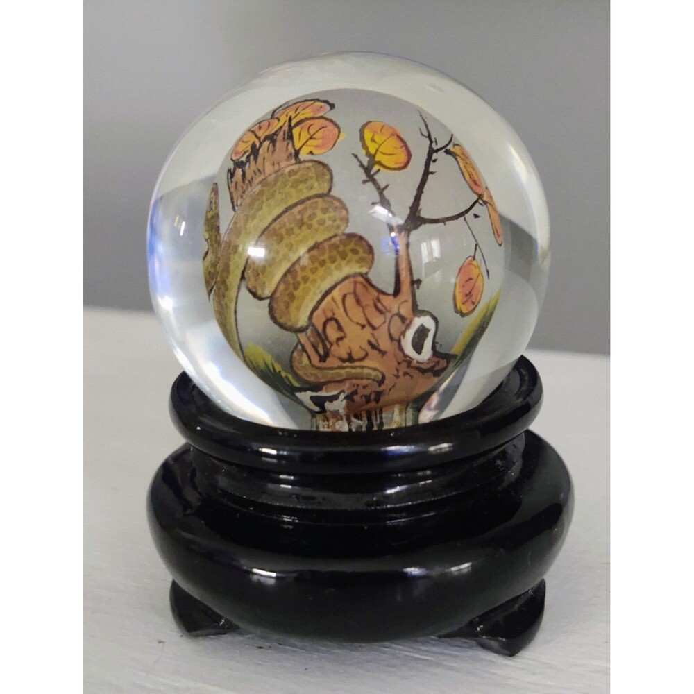 Chinese Reverse Hand Painted Snake Crystal Glass Ball Orb Globe On Stand Vintage